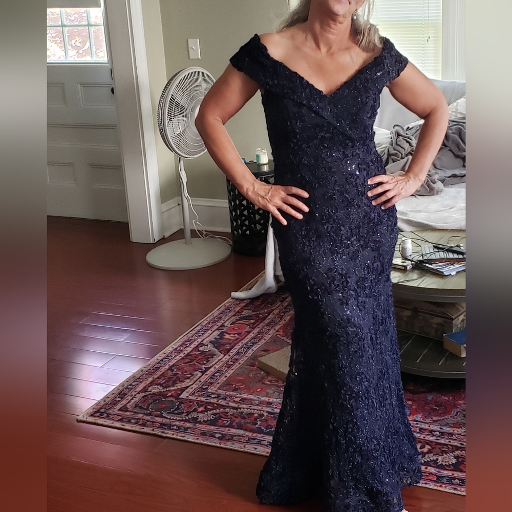 Xscape off the shoulder lace Jill gown